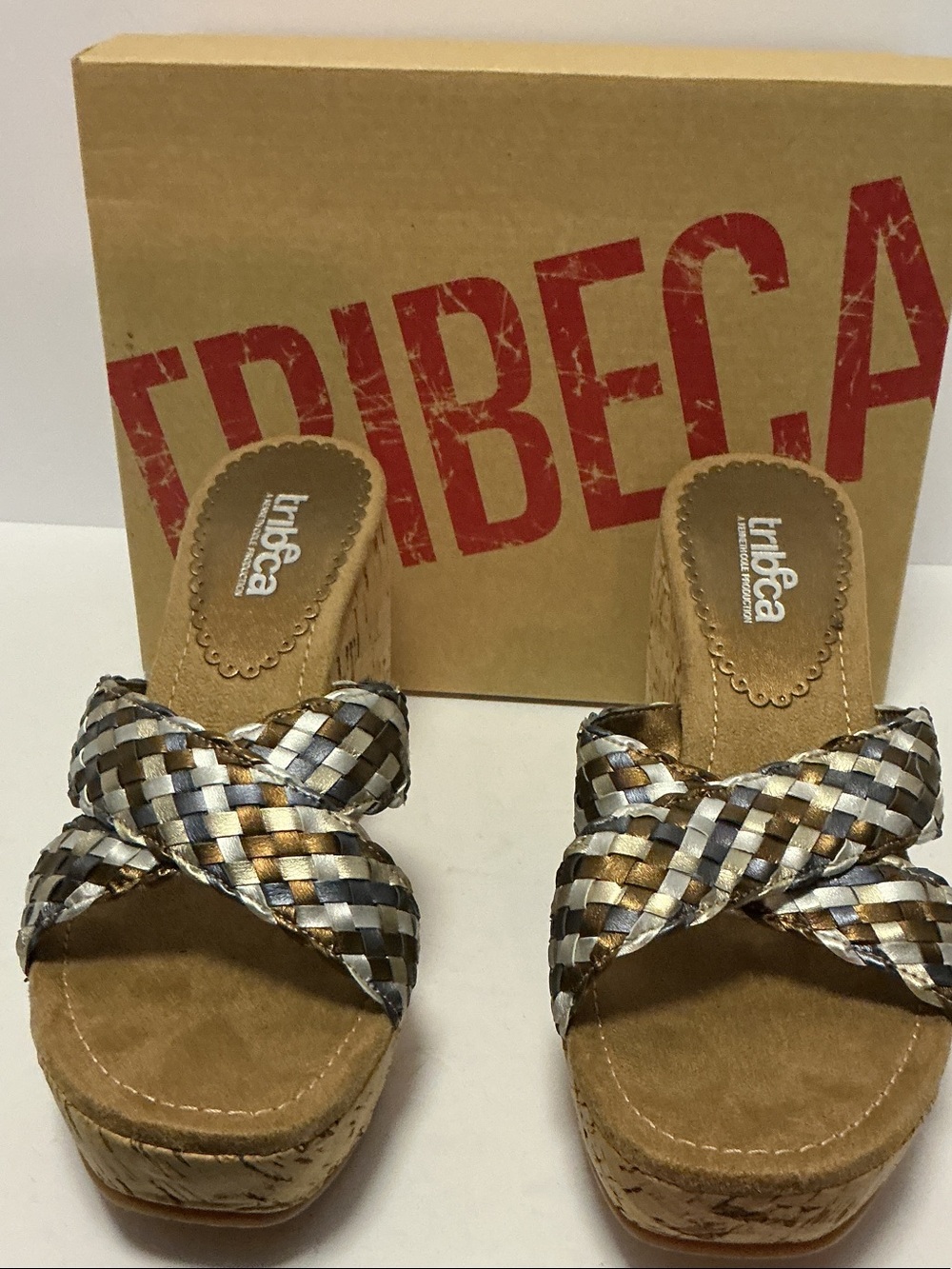 Tribeca by Kenneth Cole Braided Metallic Wedge Sandals - Silver & Gold